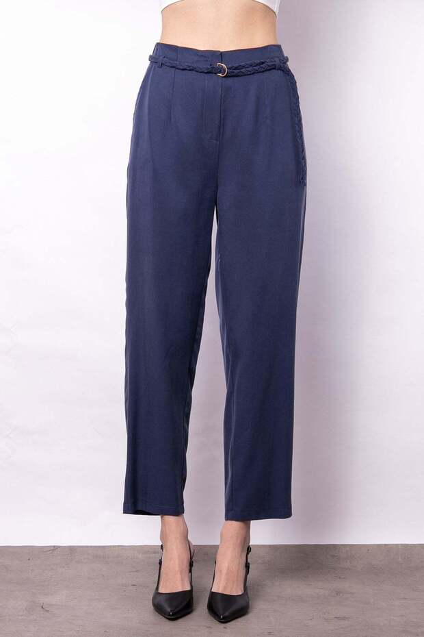 Women's High Waist Side Pocketed Belt Piece Boyfriend Silk I D Textured Spring Fabric Trousers-Navy Blue