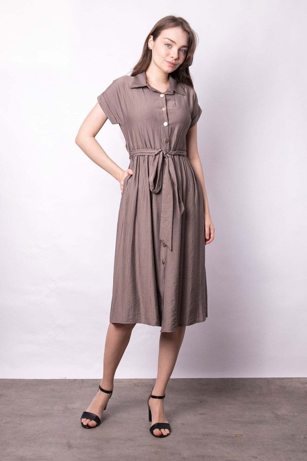 Women's Drop-Shoulder Waist Ruched Pocketed Belt Li Midi Length Below Knee Dress-Smoke