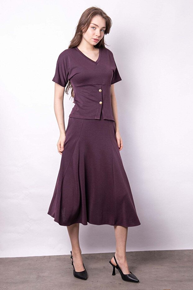Women's Soft-Textured Stretchy Fabric V-Neck Short Sleeve Button-Front Blouse-Burgundy