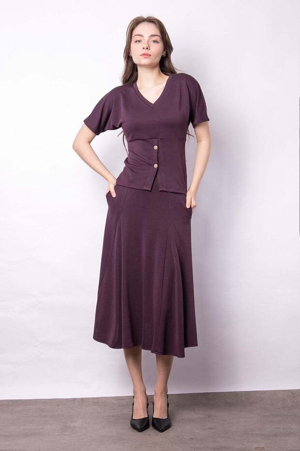 Women's Soft-Textured Stretchy Fabric High Waist Elastic Waistband Pocketed Midi Length Knee-Length Skirt-Burgundy