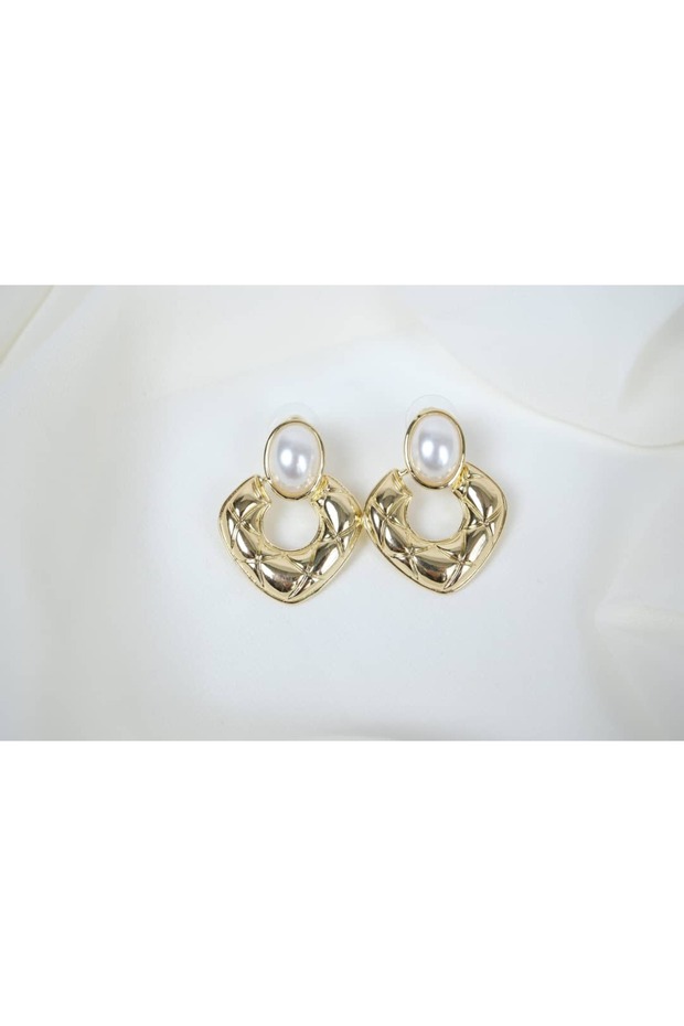 Bkp126 Gold Color Pearl Detail Earrings (Length 35 mm)
