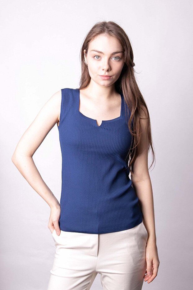 Women's Stretch Fabric Stretchy Knitwear Square Neck Ribbed Knit Body Blouse-Navy Blue