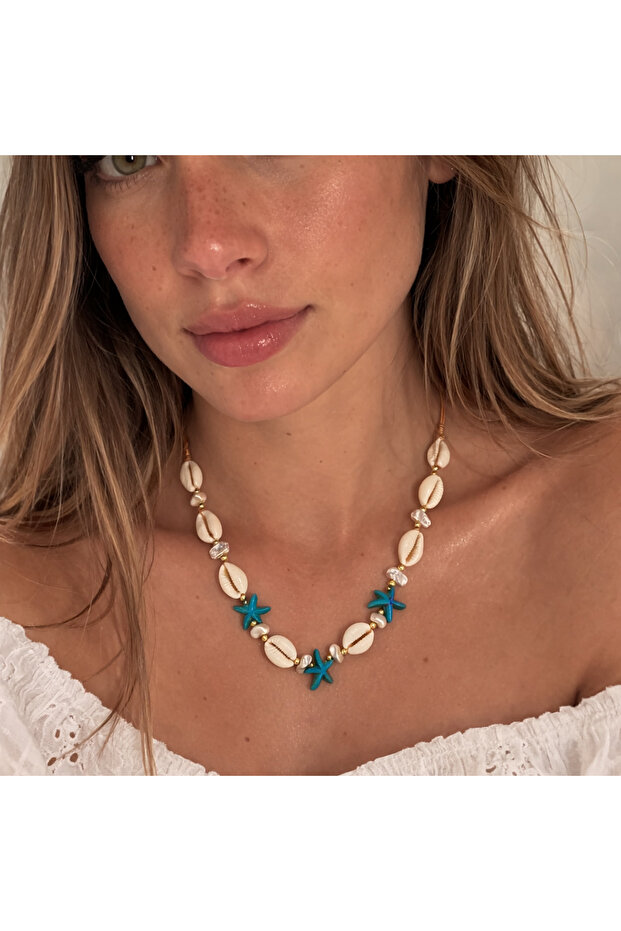 Seashell Necklace | Adjustable Drawstring Summer Beach Necklace with Starfish and Pearl Detail