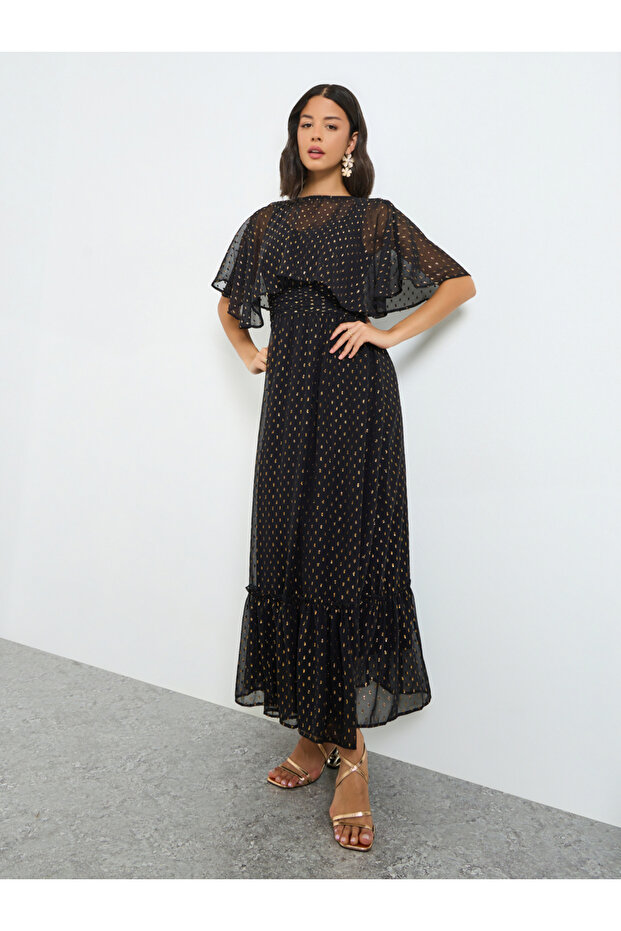 Black Lurex Foil Cape Sleeve Maxi Dress