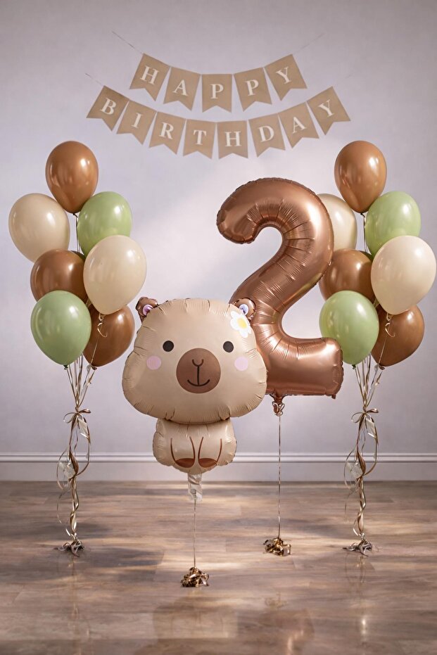Capybara Themed 2Nd Birthday Balloon Decoration Set – Caramel Natural Tone Party Set