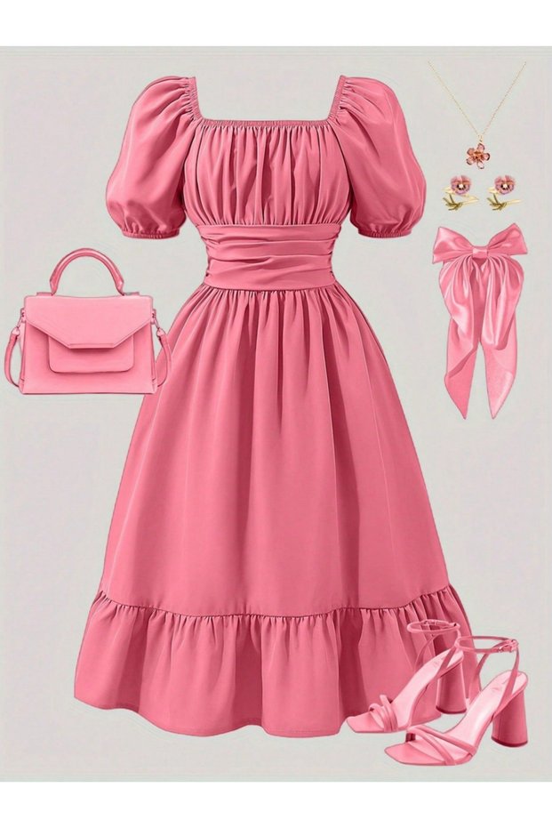 Girls Pink Puff Sleeve Pleated Ruffle Hem Midi Dress