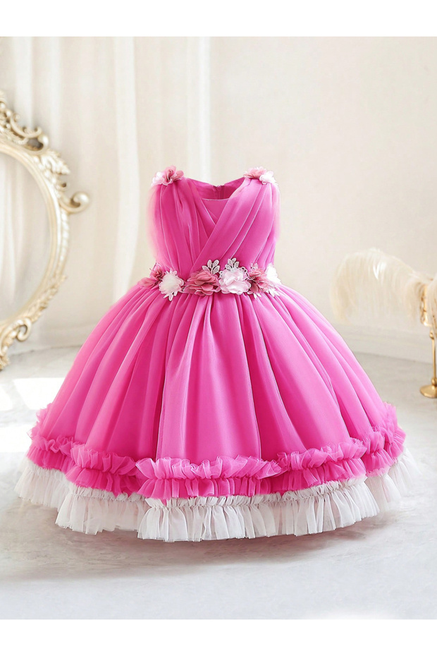 Girls Ruffle Hem Floral Detail Bow Party Dress