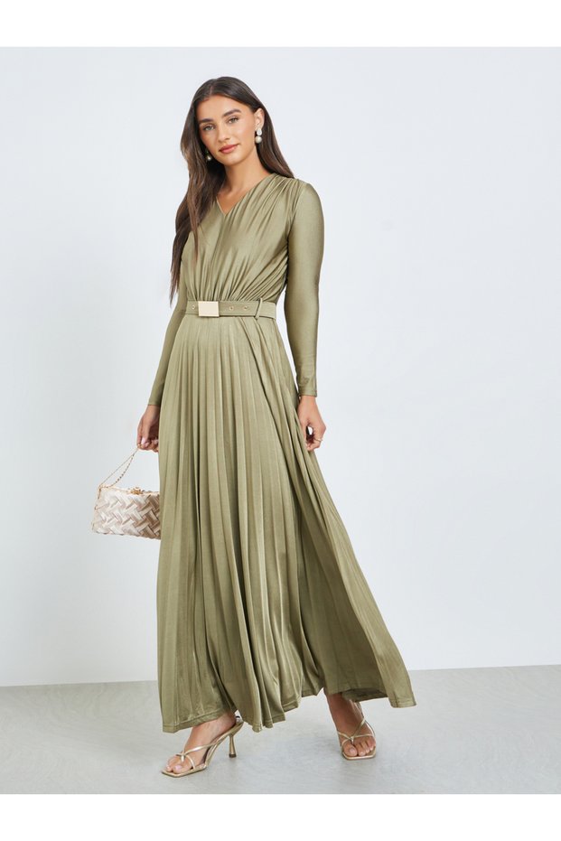 Olive Satin Pleated A-Line Maxi Dress