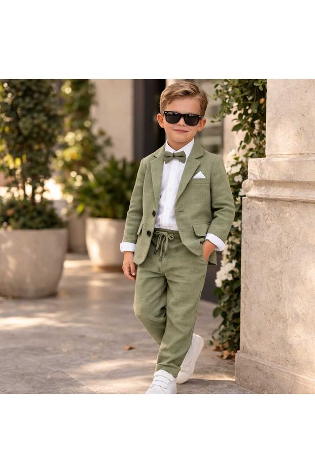 Boy's Flamlı Linen Casual Jacket Suit /Shirt,Pants,Jacket,Bow Tie for Holiday,Wedding,Graduation