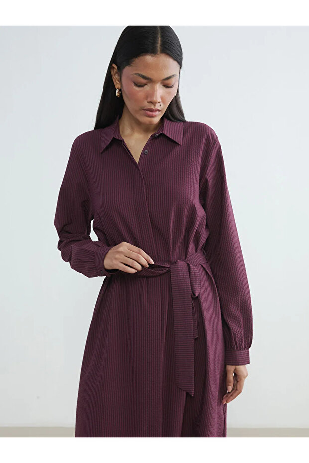 Burgundy Striped Belted Shirt Dress