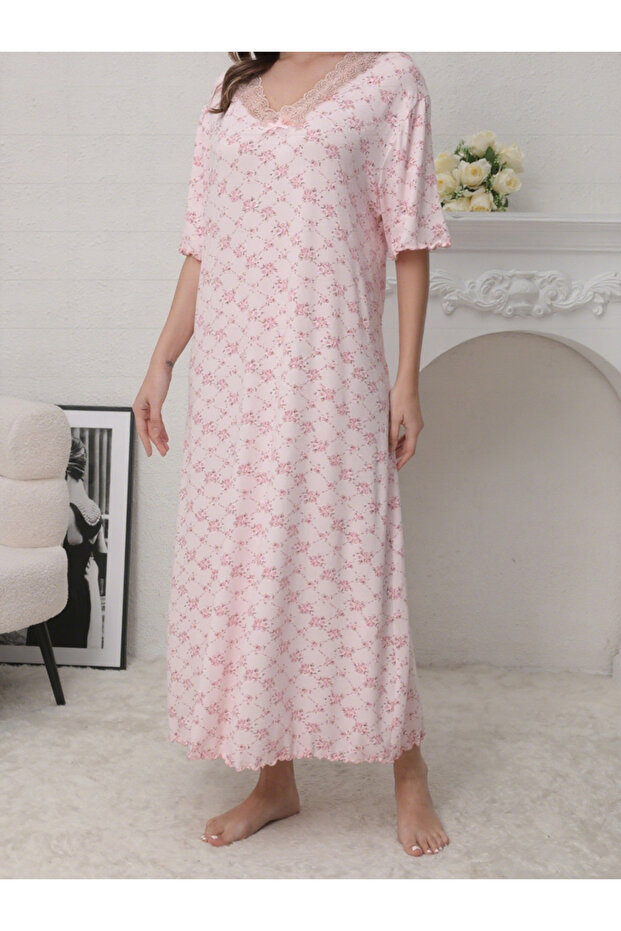 Pink Floral Print Short Sleeve Nightdress