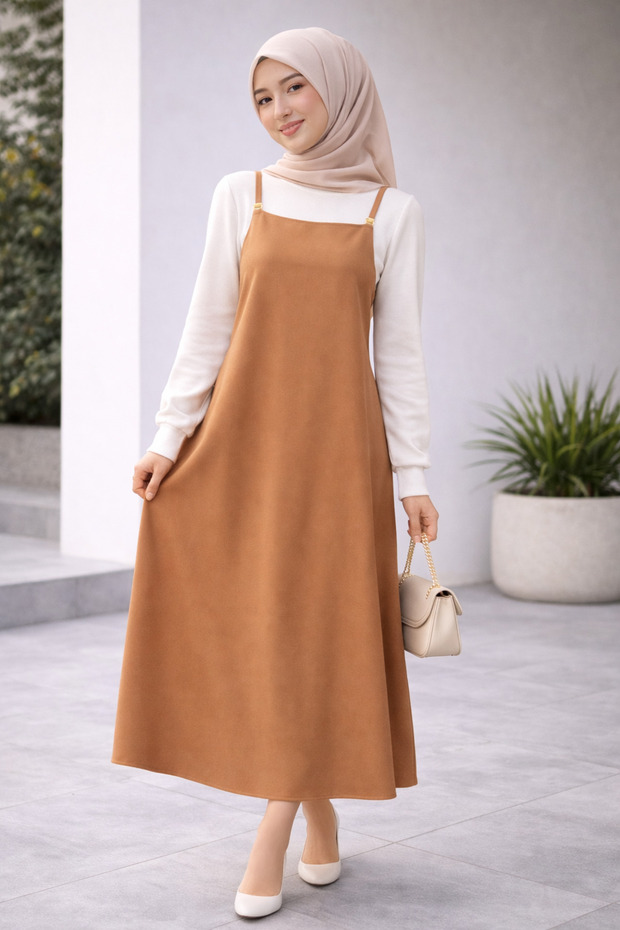 Women's Tan Color Adjustable Strap Gilet Dress