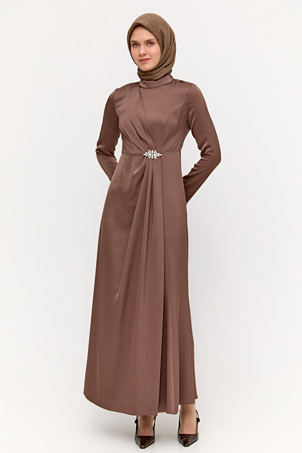 Drapeli Taşlı Saten Elbise - 2