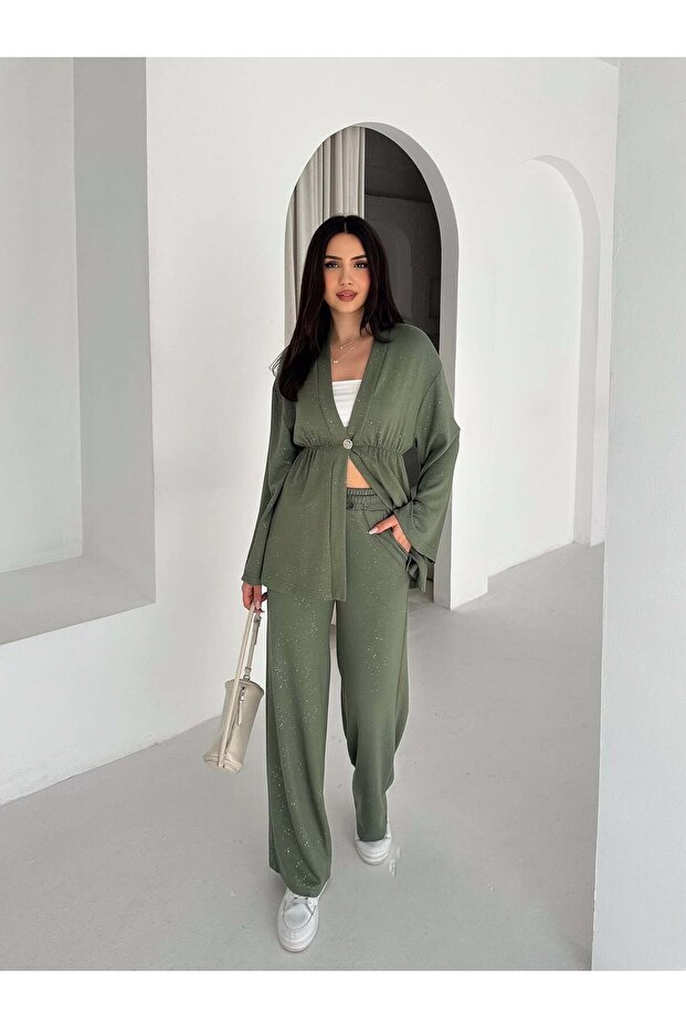Women's Glittery Long Sleeve Modal Fabric Kimono Pants Double Set – Stylish and Comfortable Women's Set