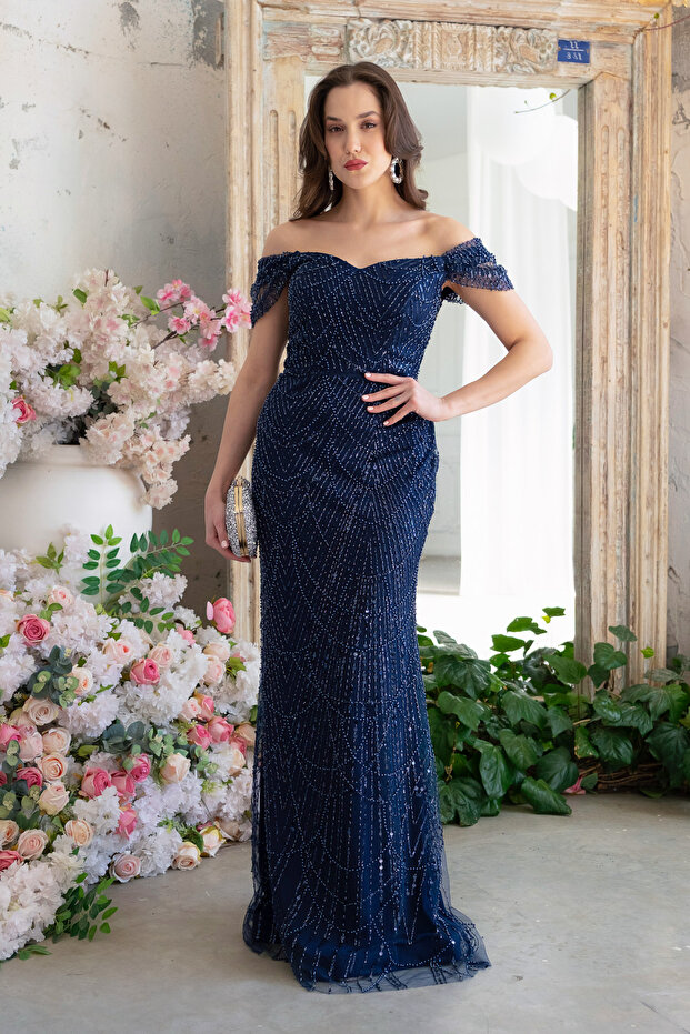 Women's Navy Blue Boat Neck Beaded Long Evening Dress