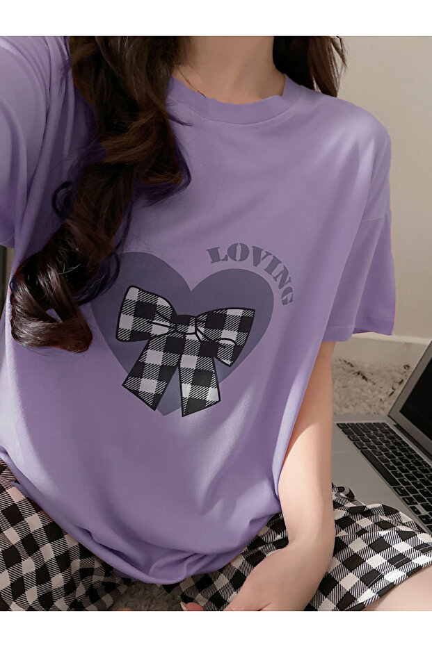 Heart Print Round Neck T-Shirt and Checked Shorts Set