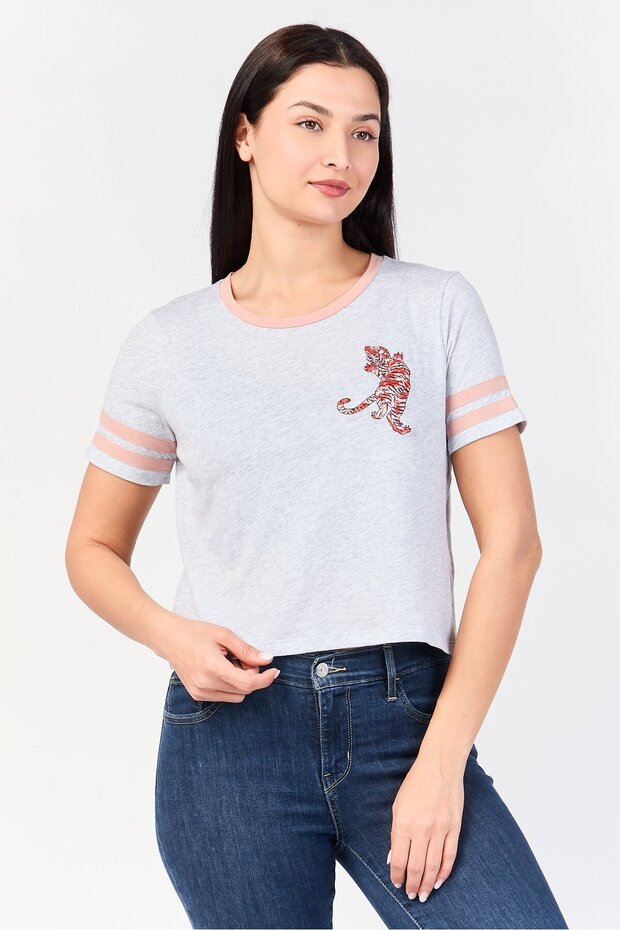 Women Crew Neck Short Sleeve Heather Top, Light Grey