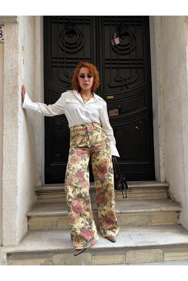 Premium Soluk Efekt Floral Print Denim High Waist Wide Leg Trousers