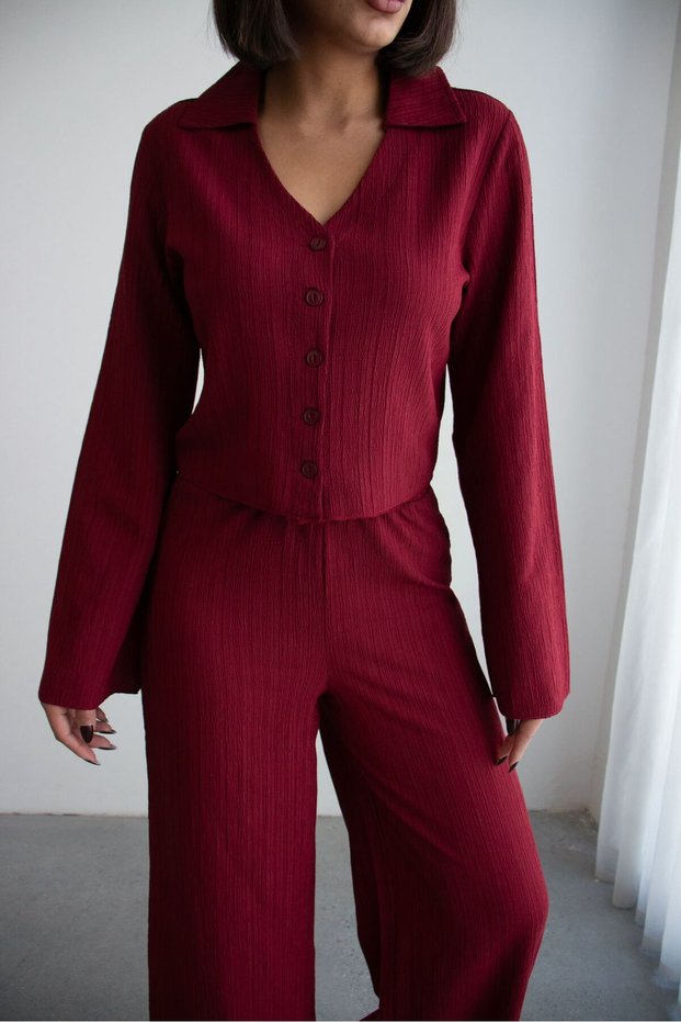 Women's Crinkle Fabric Button Shirt and High Waist Wide-Leg Pant Set