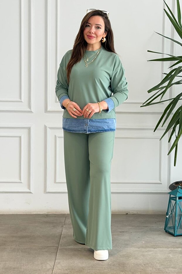 Skirt with Denim Detail and Trousers Set