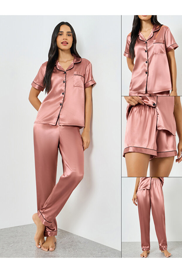 Pack of 3 - Satin Short Sleeve Shirt, Pyjama And Shorts Set