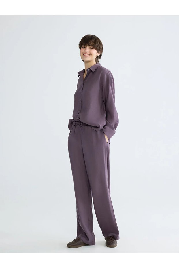 Plum Color Elastic Waist Wide Leg Women's Trousers