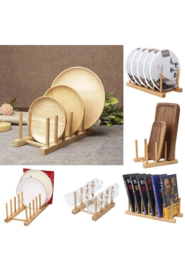 6-Compartment Bamboo Plate Holder Countertop Plate Stand Kitchen Organizer