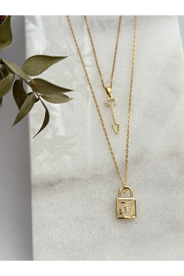 Steel Zircon Stone Key Lock Pendant Trend Double Necklace Set