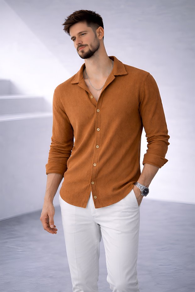Men's Light Brown Ottoman Corded Fabric Fabric Comfortable Fit Long Sleeve Oversized Shirt