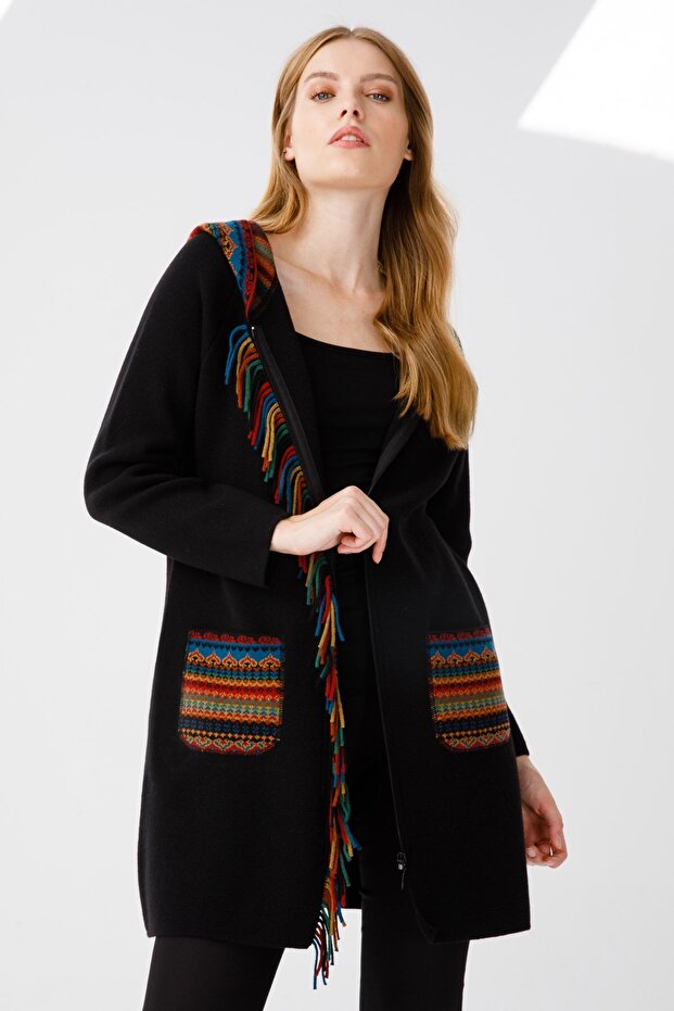 Women's Front Tasseled Hooded Long Wool Cardigan Black 22258