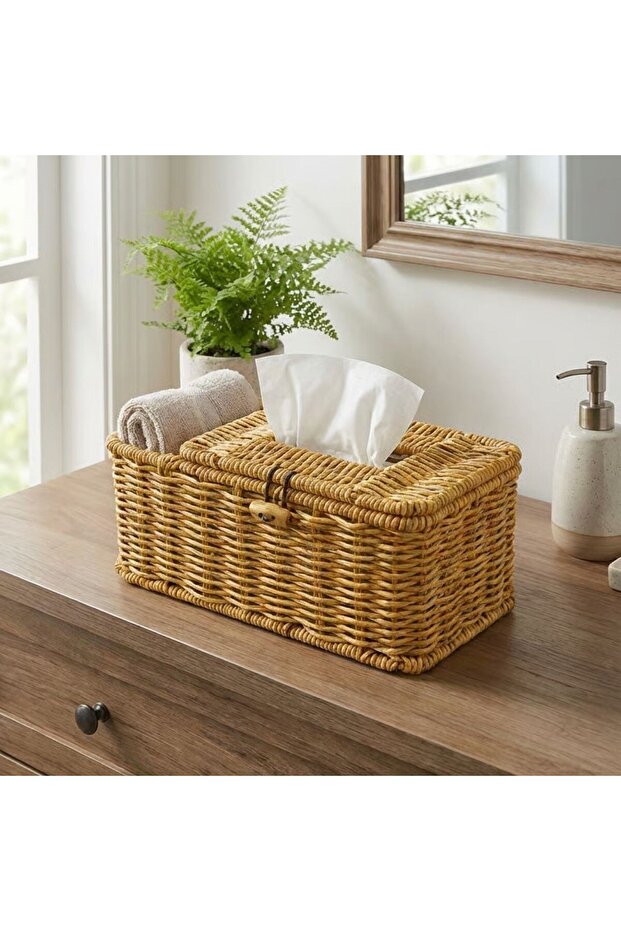 Natural Rattan Look Wicker Makeup, Jewelry, and Towel Organizer with Divided Lid – Multi-Purpose with Napkin Holder