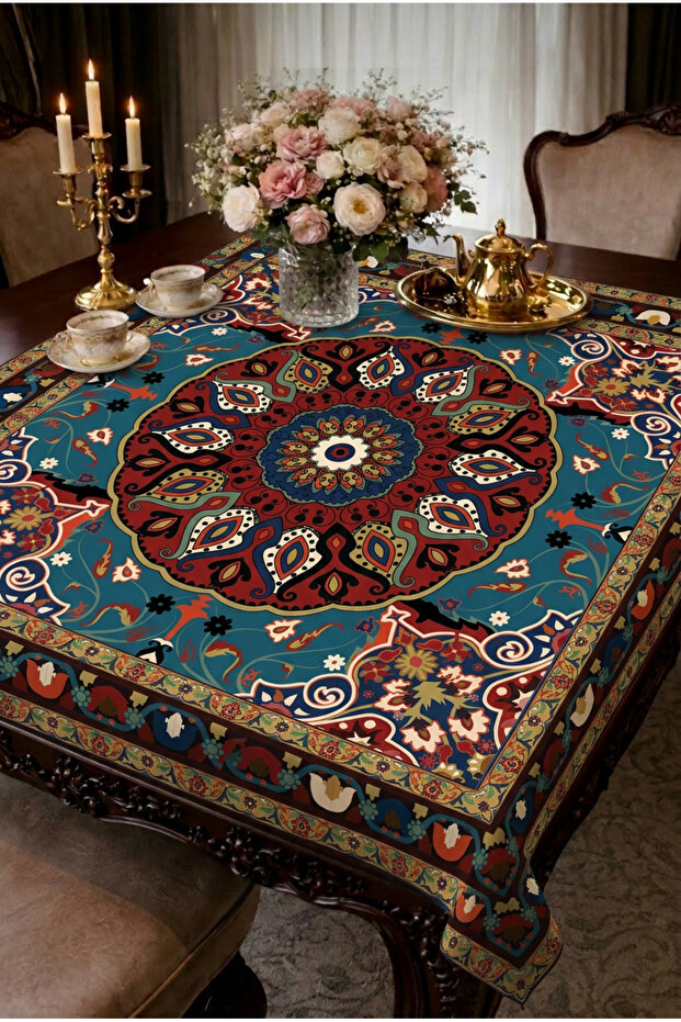 Italian K Velvet Y Washable m Tablecloth 95X95 cm Turquoise Şahzade D Patterned Decorative Coverlet