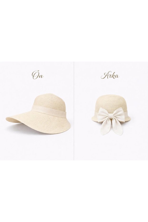 Straw Hat with Wide Front Brim and Short Ribbon Detail on the Back | Thick, Tightly Knitted Summer Women's Hat