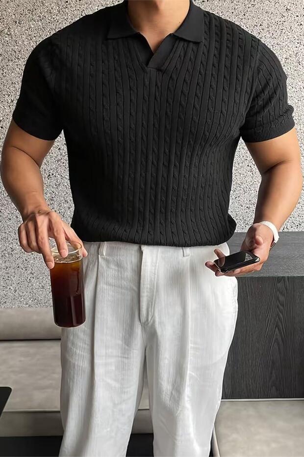Italian Style V-Neck Hair Ö Knitted Detail S Slim Fit Knitwear Men's Polo Tshirt