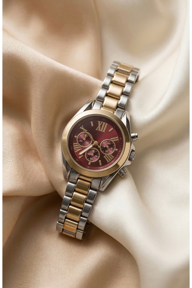 Women's Steel Watch Gold & Silver Color Claret Red Dial Luxury | Stylish Special Design Women's Wristwatch 2026