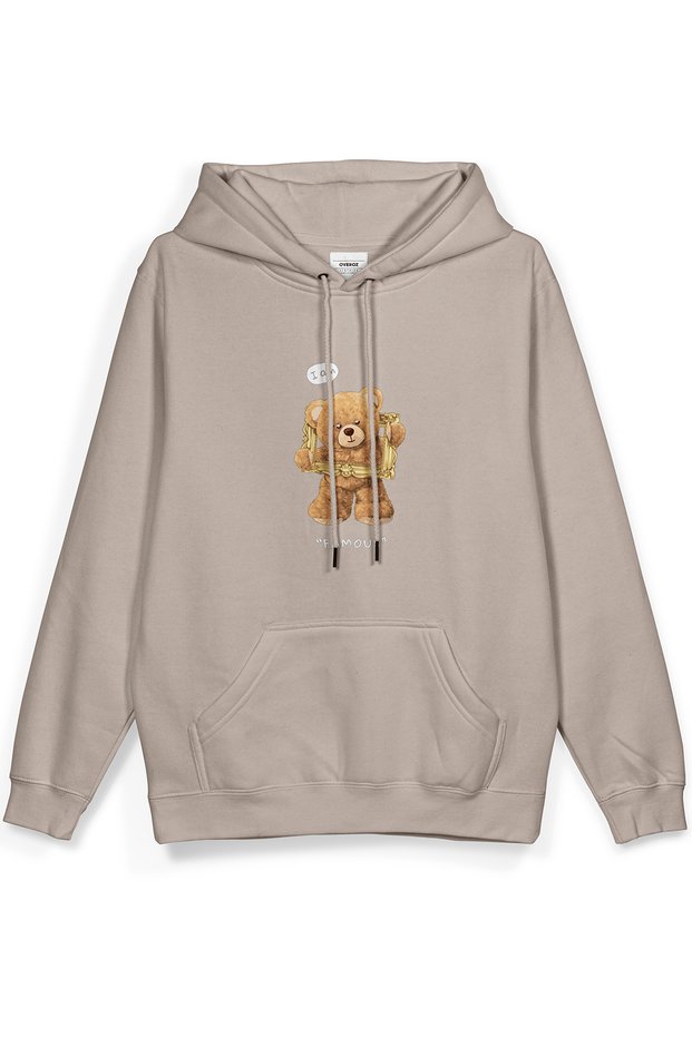 Teddy Bear I'M Famous Printed Hooded Half Oversized Sweatshirt Stone Color Hoodie 1140