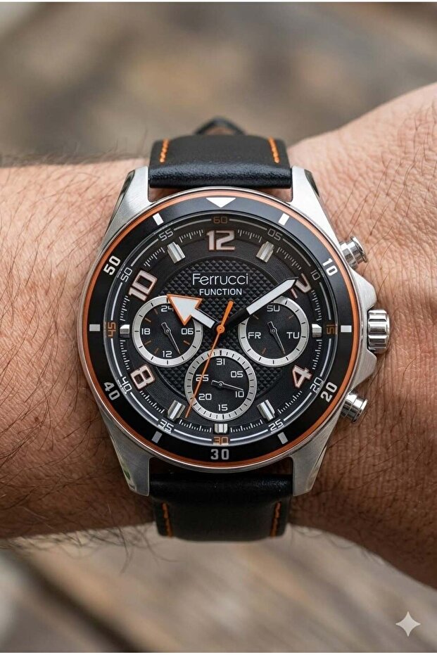 Silver Round Case Men's Wristwatch | 43mm Steel Case, Black Leather Band, Black Dial