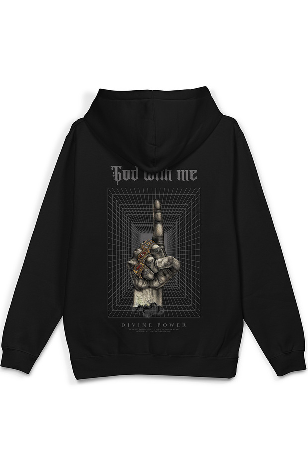 God with Me Sırt Printed Hooded Yarı Oversized Sweatshirt Black Hoodie 1395