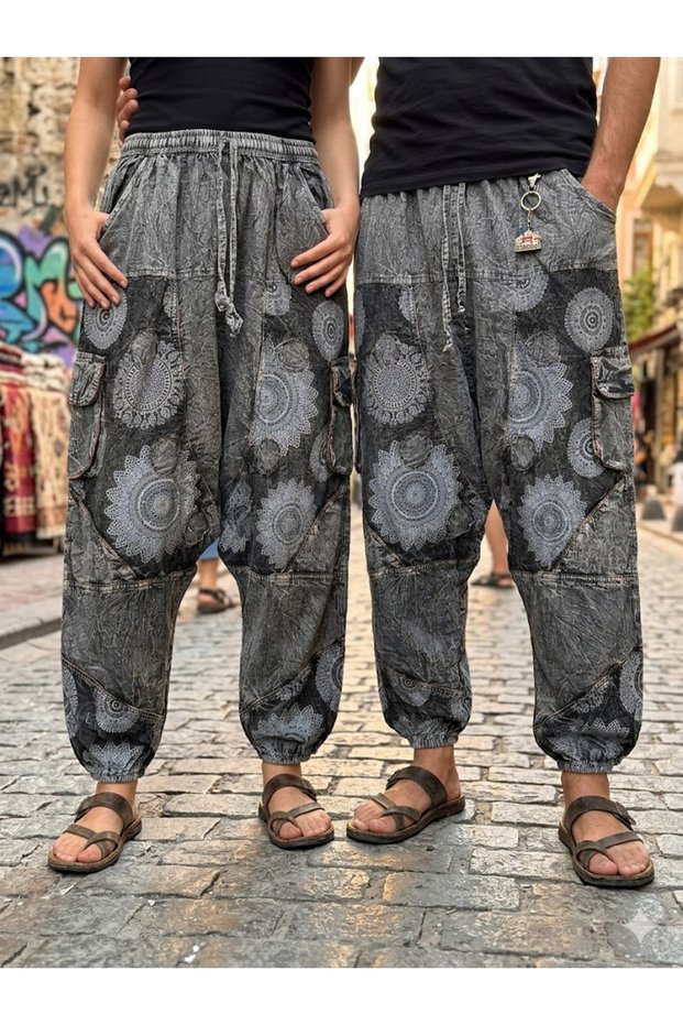 Unisex Nepalese Authentic Ethnic Casual Hippie Bohemian Trousers with Elastic Waist and Cuffs, Pack of Cargo Pocket
