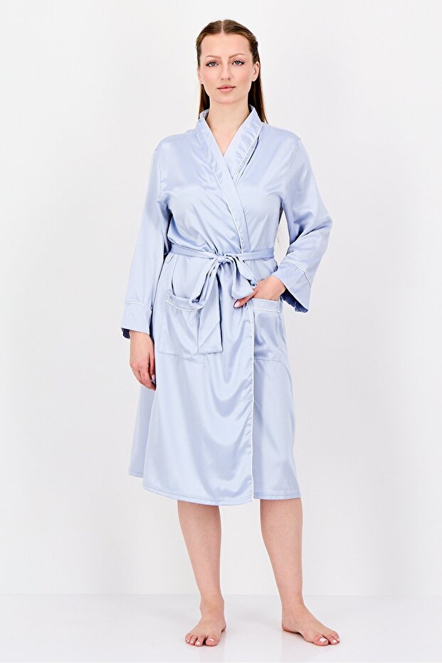 Women Plain Satin Nightwear Robe, Light Blue