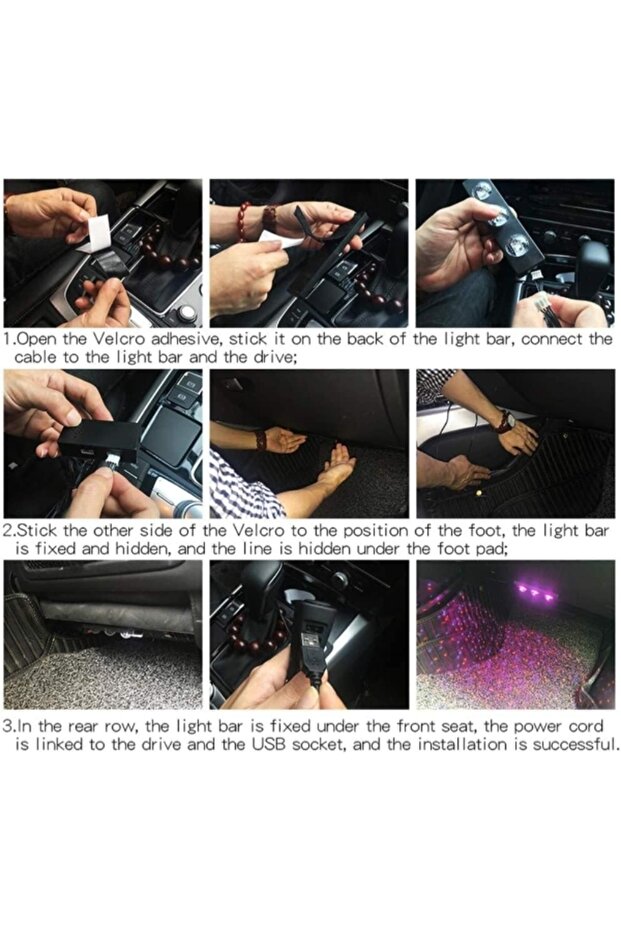 طقم إضاءة محيطية للسيارة يعمل بالـ USB مع شرائط LED قابلة للتعديل للداخلية ومساحة القدمين