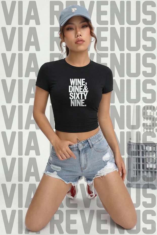 Wine, Dine & Sixtynine Printed 100% Cotton Stretch Fabric Slim Fit Short Sleeve Crew Neck Tee Cropped Body