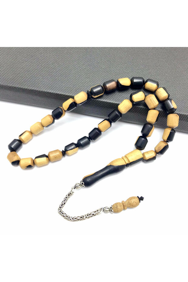 Silver Design Yellow Veined Rare Tonda Ebony Wood Prayer Beads