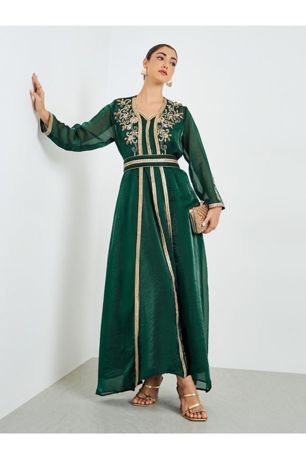 Green Belted Embellished Kaftan with Maxi Dress Set