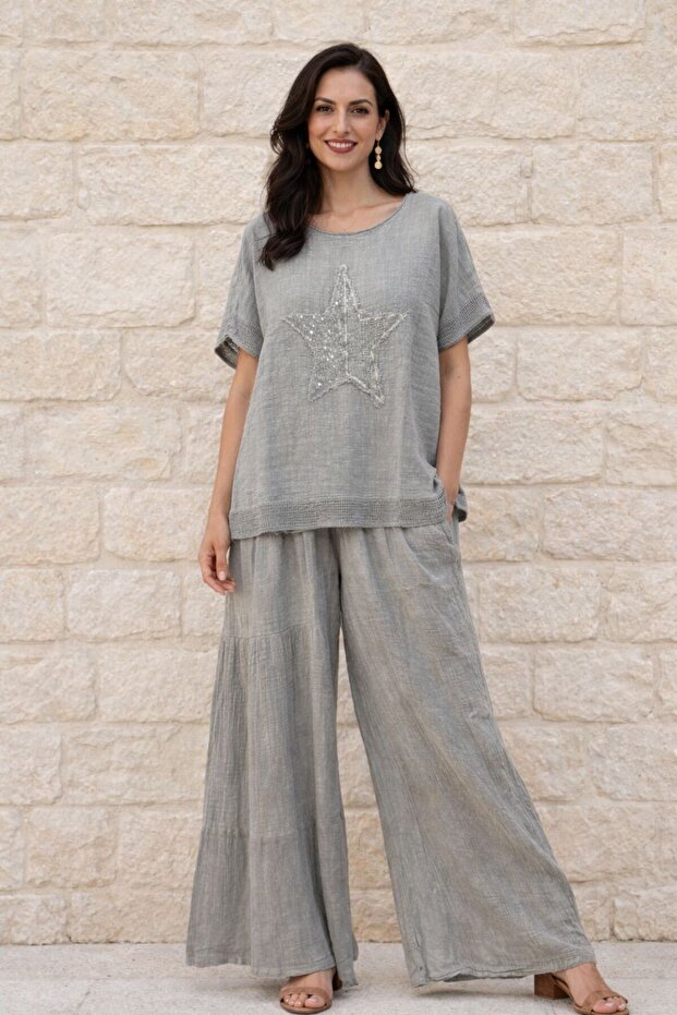 Women's 100% Linen Fabric Star Patterned Sequin Blouse and Wide-Leg Pants 2-Piece Combination