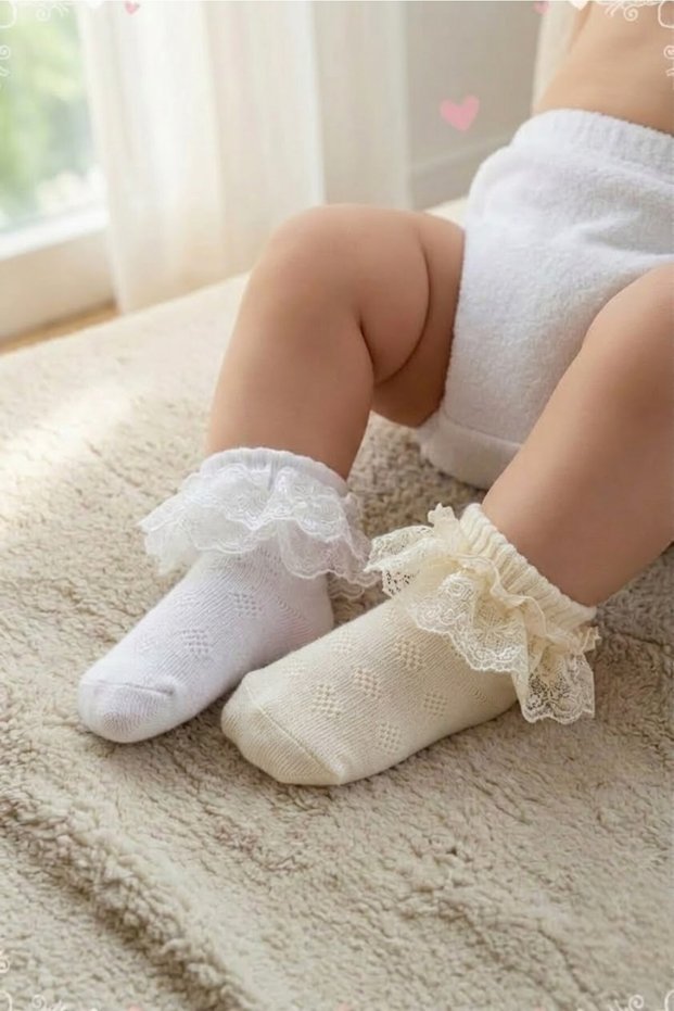 2 Pairs of Colorful Baby Girl Socks with Booties at the Ankle, Pack of Lace