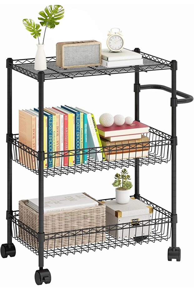 3-Tier Rolling Utility Cart with Wheels & Handle, Heavy Duty Metal Storage Cart 600 lbs Capacity, Adjustable Wire Shelves Organizer Trolley for Kitchen, Laundry Room, Pantry, Office, Black