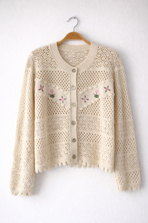 Embroidered Romantic Cardigan for Women in Sand Color