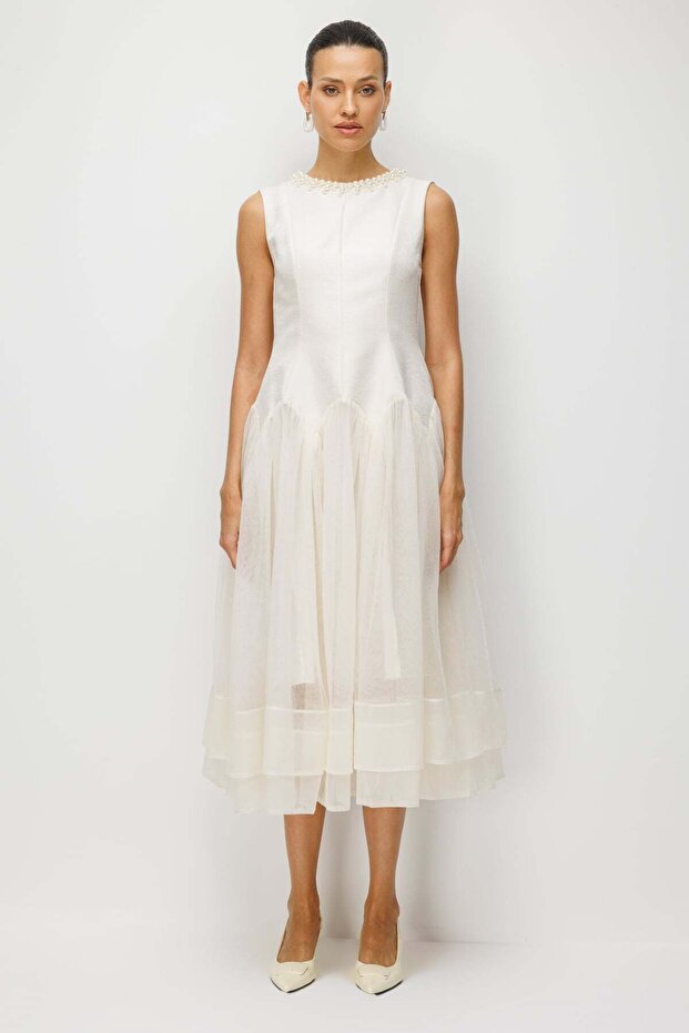 Tulle Maxi Dress with Pearl Collar and Skirt