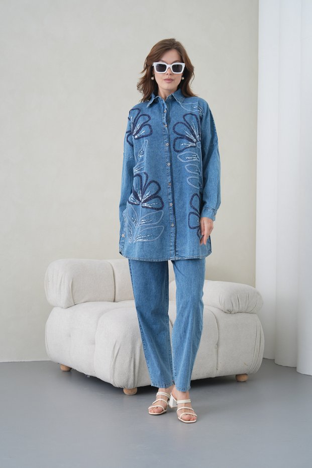 Women's Embroidered Wide Fit Long Denim Shirt Double Set